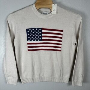 NEW Hollister Beige American Flag Size Medium Relaxed Fit Boxy Crew Sweater